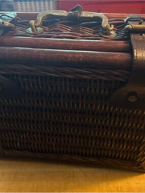Woven Dark Brown Picnic Basket Purse with Brass Hardware